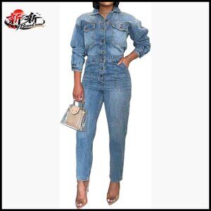 Denim Jumpsuit Long Sleeve Button Down Stretch Slim Straight Leg